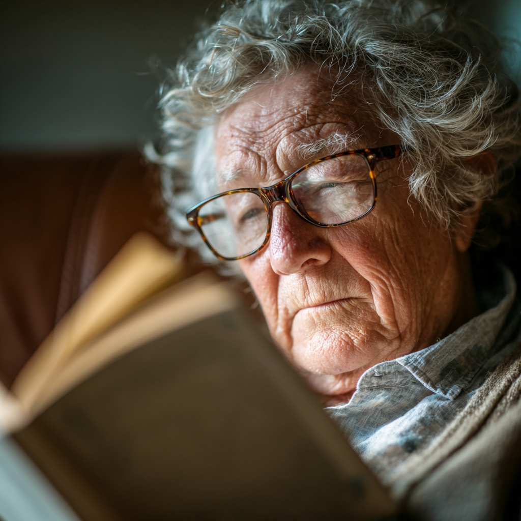 Elderly person reading book with clear vision and healthy eyes